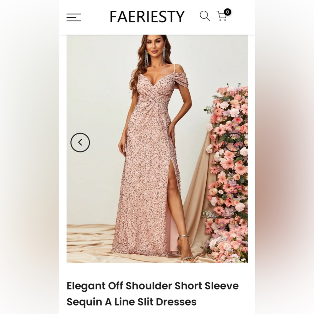NWT Faeriesty Rose Gold Sequin Cold Shoulder Sheath Maxi Dress Sz XS